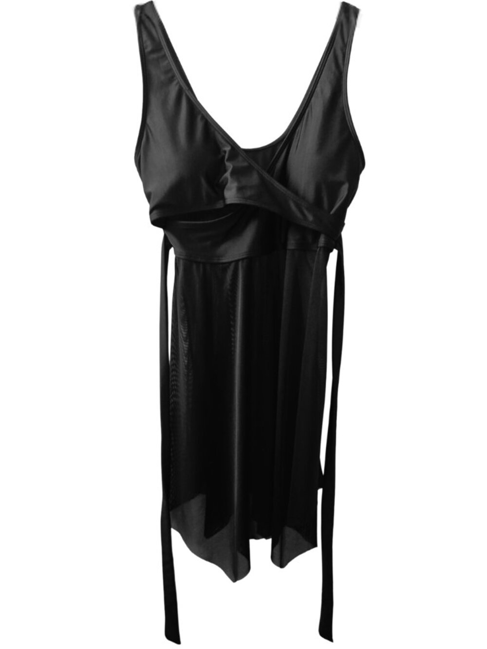 Women's Size L Blackest Black Tankini Top Ties in Back with Elegant Mesh Lower
